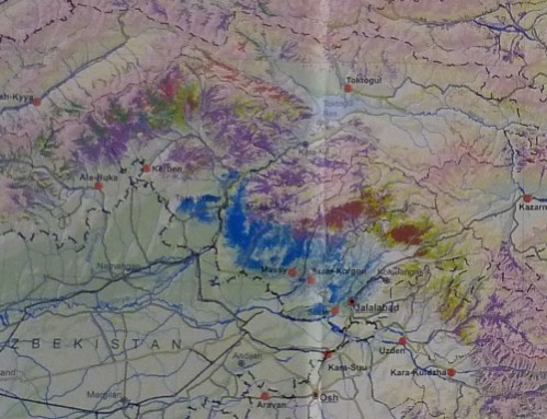 donnees satellites de l'emplacement des forets dans la region de Djalal-Abad. Marron:noyers; Rouge:epiceas; Vert clair:feuillus; Bleu:pistachiers; Vert fonce:genevriers; Violet:arbustres